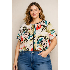 M&S Collection Ivory Floral Crop Top UK 22 EU 50 Boxy Short Sleeve Artsy Print